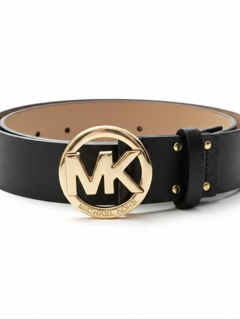 Michael Kors Women's Size LGE Circle-Buckle Genuine Leather Belt Black/ Gold NWT